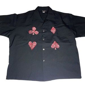 Johnny Suede Black with Flaming Card Suits Poker Lounge Shirt Men's Size 3XL